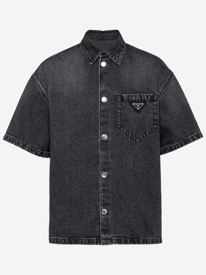 Triangle Logo Denim Short Sleeve Shirt Black - PRADA - BALAAN 2