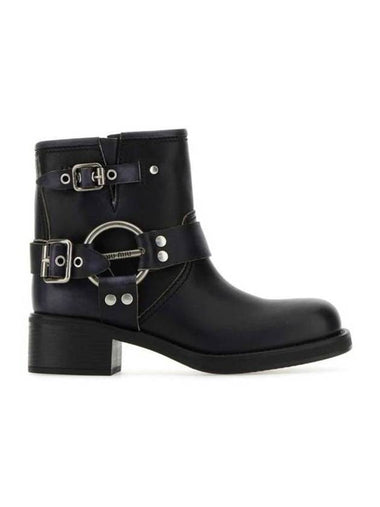 Vintage Look Leather Middle Boots Black - MIU MIU - BALAAN 1