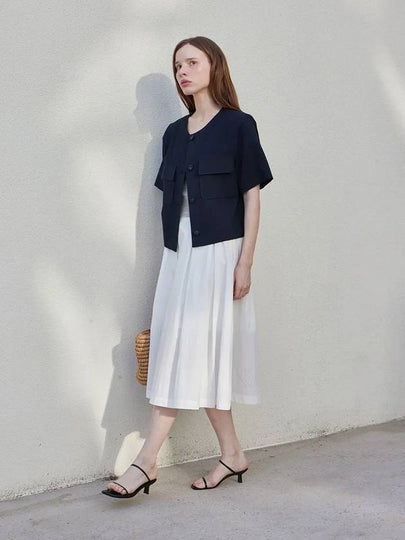 Collarless linen crop jacket navy - LESEIZIEME - BALAAN 2