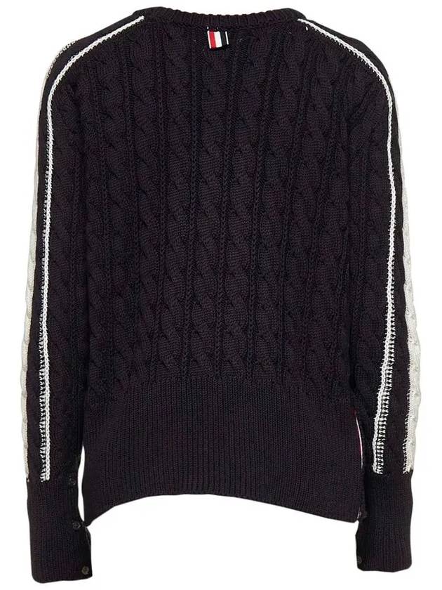 Men's Three Stripes Merino Wool Cable Knit Top Navy - THOM BROWNE - BALAAN 4