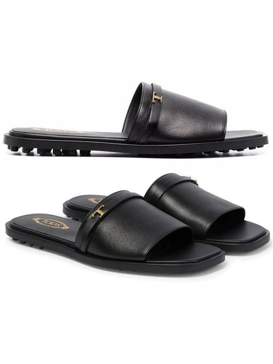 T Logo Open Toe Leather Slippers Black - TOD'S - BALAAN 2