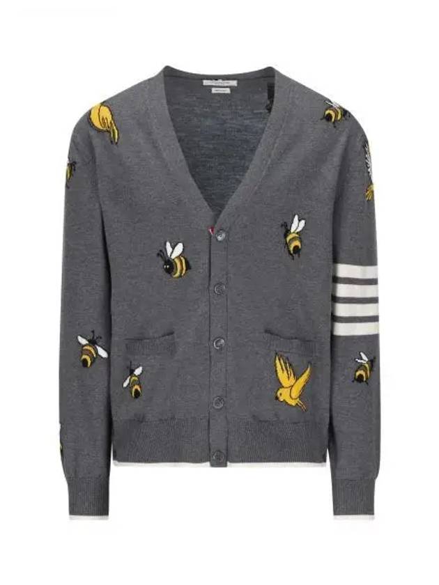 Men's Merino Bird Bee 4 Bar V-Neck Merino Cotton Cardigan Medium Grey - THOM BROWNE - BALAAN 2