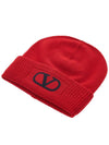 Signature V Logo Wool Beanie Red - VALENTINO - BALAAN 4