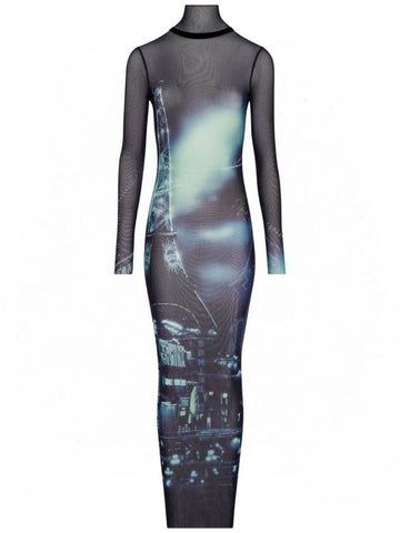 Jean Paul Gaultier Turtleneck Mesh Long Dress Printed "Pigalle" Clothing - JEAN PAUL GAULTIER - BALAAN 1