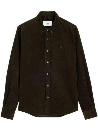 Embroidered Logo Corduroy Velvet Long Sleeve Shirt Dark Coffee - AMI - BALAAN 1