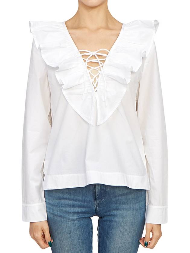 Cotton Poplin Ruffle V-Neck Blouse Bright White - GANNI - BALAAN 4