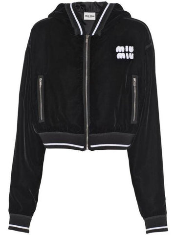 Embroidered Velvet Hooded Jacket Black - MIU MIU - BALAAN 1