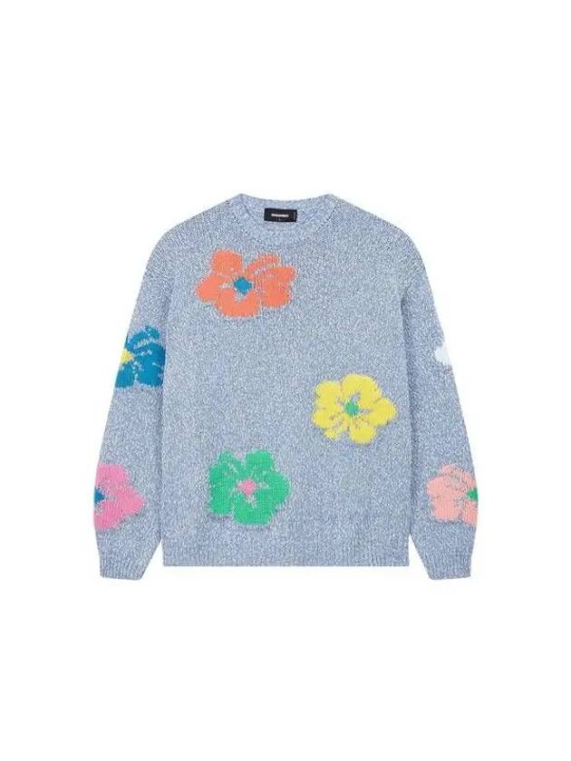 Men s Flower Boucle Cotton Knit Melange Blue - DSQUARED2 - BALAAN 1