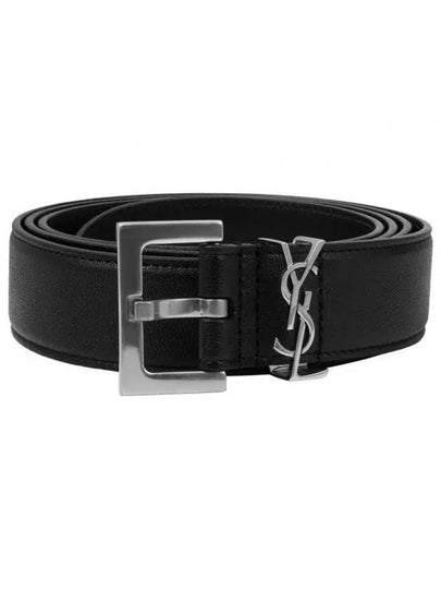 Silver Hardware Monogram Buckle Leather Belt Black - SAINT LAURENT - BALAAN 2