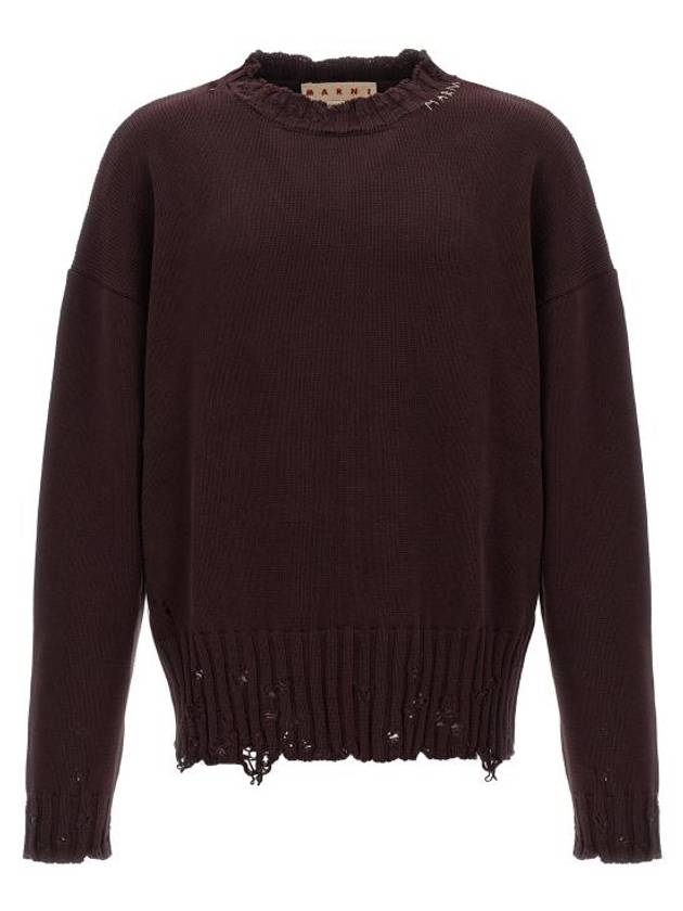 Embroided Logo Distressed Knit Top Dark Raisin - MARNI - BALAAN 1