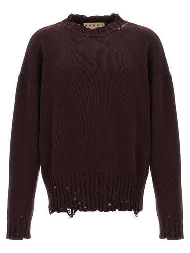 Embroided Logo Distressed Knit Top Dark Raisin - MARNI - BALAAN 1