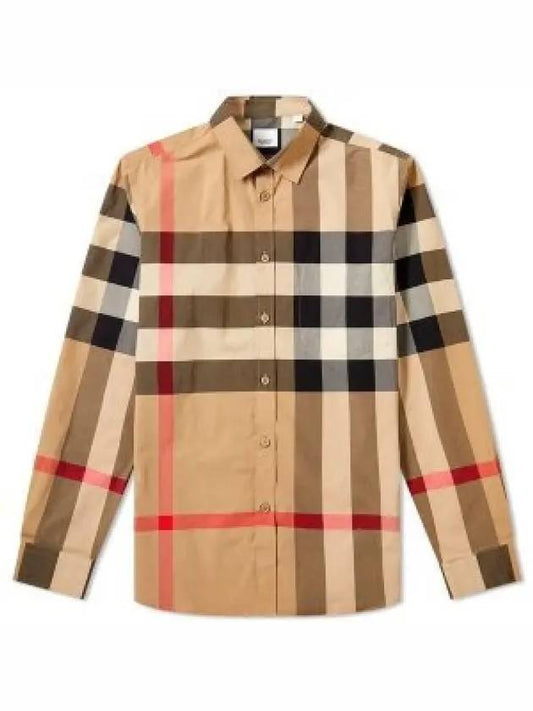 Check Stretch Cotton Poplin Long Sleeve Shirt Beige - BURBERRY - BALAAN 2