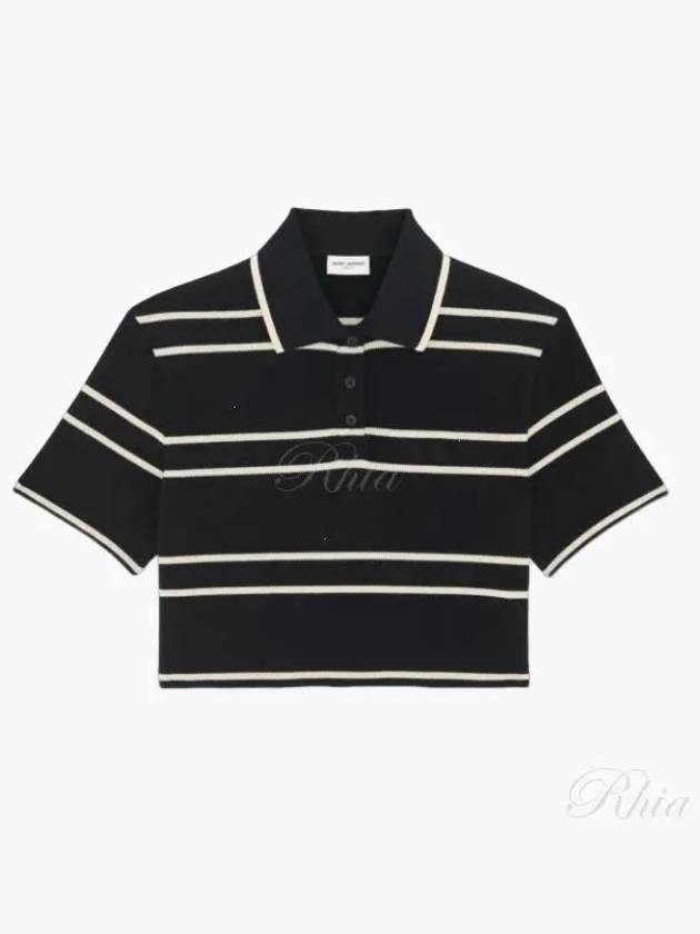 Cassandre Stripe Cotton Crop Polo Shirt Black - SAINT LAURENT - BALAAN 2