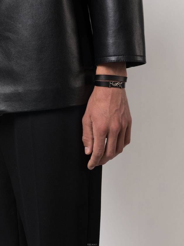 Silver Logo Leather Bracelet Black - SAINT LAURENT - BALAAN 4