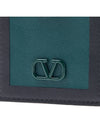 V Logo Signature Leather Card Wallet Black Green - VALENTINO - BALAAN 7