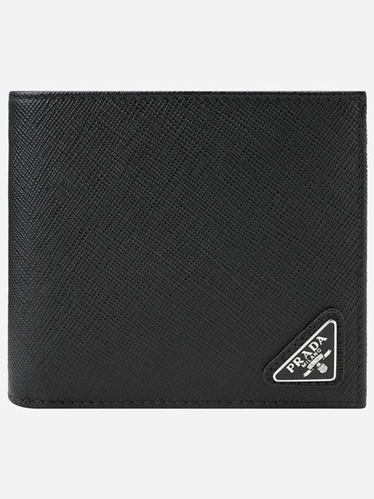 Triangle Logo Saffiano Half Wallet Black - PRADA - BALAAN 2
