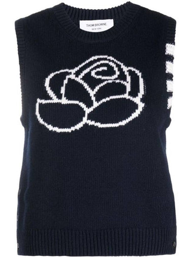 Women's Flower Jacquard Wool Knit Vest Navy - THOM BROWNE - BALAAN 1