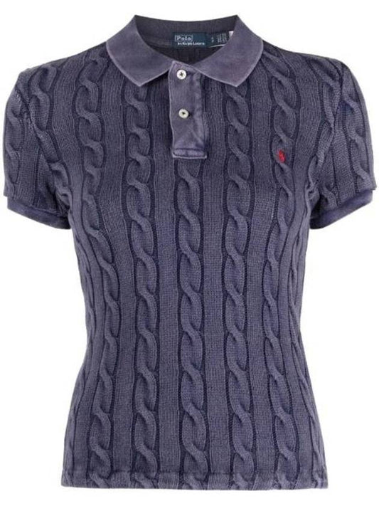 Slim Fit Cable Knit Polo Shirt Navy - POLO RALPH LAUREN - BALAAN 1