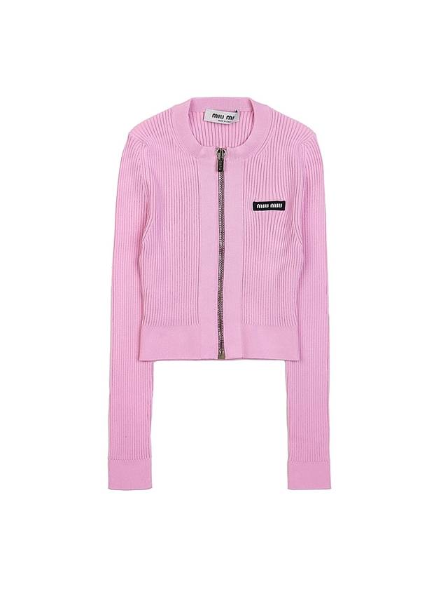 Crew Neck Zip-Up Cardigan Pink - MIU MIU - BALAAN 11