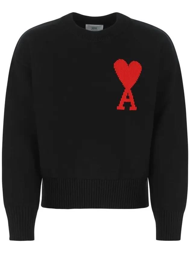 big heart embroidery round knit black - AMI - BALAAN.