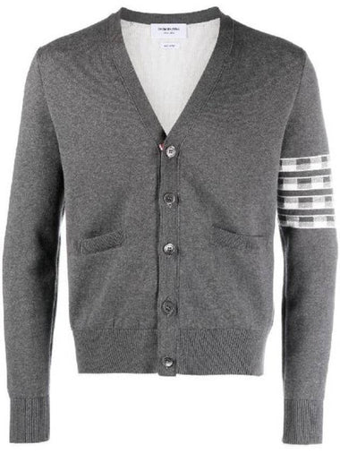 4-Bar V-Neck Hector Jacquard Cotton Cardigan Grey - THOM BROWNE - BALAAN 1