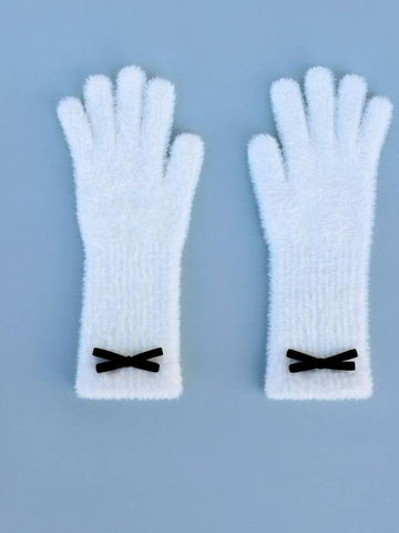 Fuzzy Ribbon Finger Hole Gloves White - GOCORI - BALAAN 1