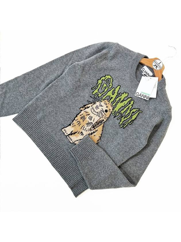 Graphic Wool Mix Bunny Crewneck Knit Top Grey - GANNI - BALAAN 7