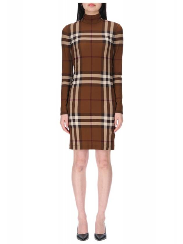 Women's Check Stretch Funnel Neck Midi Dress Brown - BURBERRY - BALAAN.