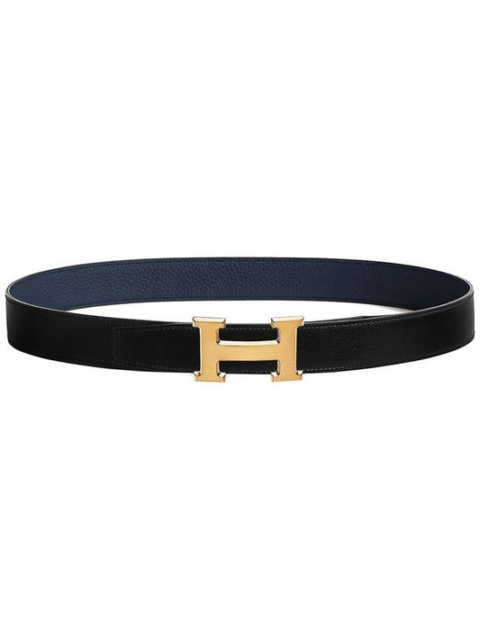 H Gold Buckle Reversible Strap 32mm Leather Belt Noir Blue - HERMES - BALAAN 2