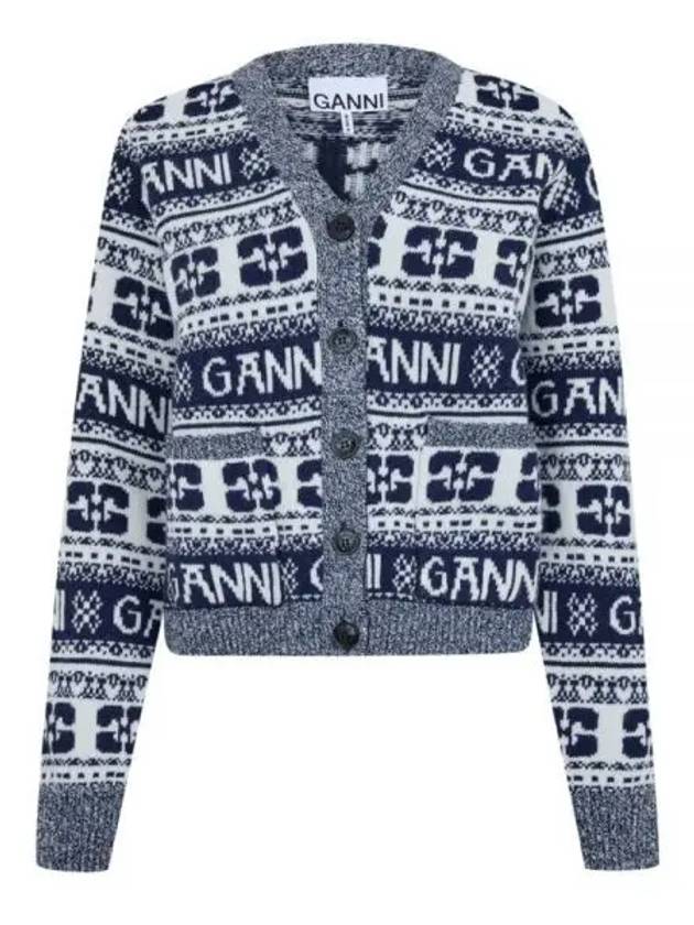 logo wool mix jacquard cardigan blue - GANNI - BALAAN 2