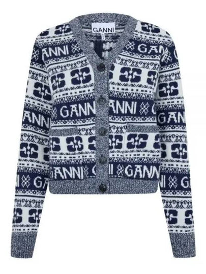 logo wool mix jacquard cardigan blue - GANNI - BALAAN 2