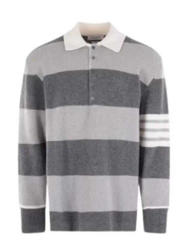 Rugby Striped Merino 4-Bar Long Sleeve Polo Shirt Grey - THOM BROWNE - BALAAN 2