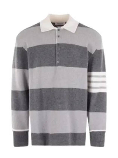 Rugby Striped Merino 4-Bar Long Sleeve Polo Shirt Grey - THOM BROWNE - BALAAN 2