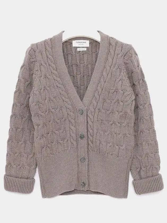 Merino Wool Crisscross Cable Stitch 3/4 Sleeve V-Neck Cardigan Medium Brown - THOM BROWNE - BALAAN 2