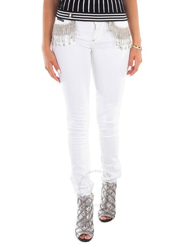 Philipp Plein White Slim Fit Rhinestone Fringe Denim Jeans, Waist Size 28" - PHILIPP PLEIN - BALAAN 1