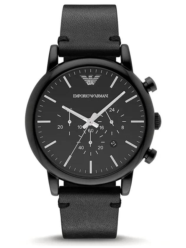 Chronograph 46mm Leather Watch Black - EMPORIO ARMANI - BALAAN.