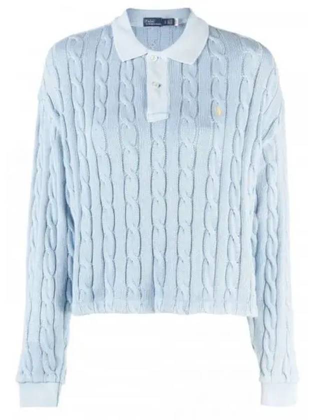 Embroidered Logo Pony Cable Long-Sleeve Collar Knit Top Blue - POLO RALPH LAUREN - BALAAN 1