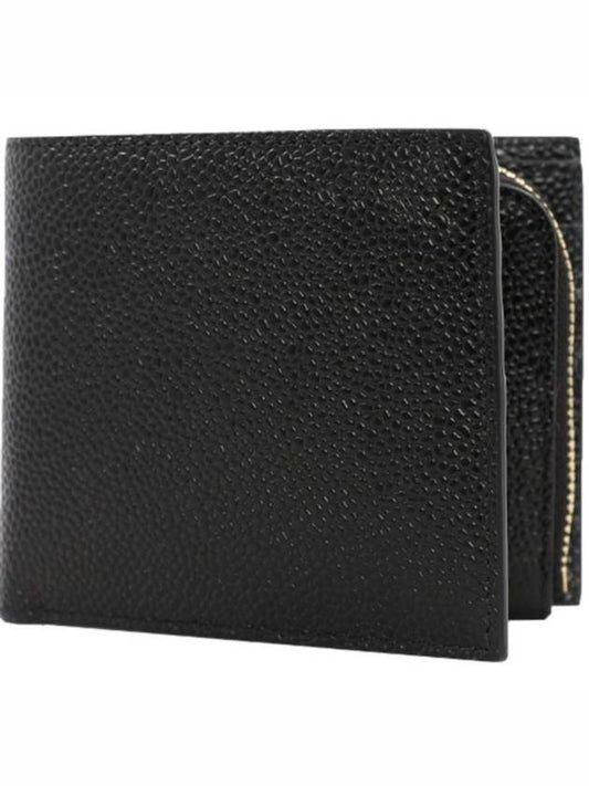 Caviar Leather Zipper Coin Pocket Bifold Half Wallet Black - THOM BROWNE - BALAAN 2