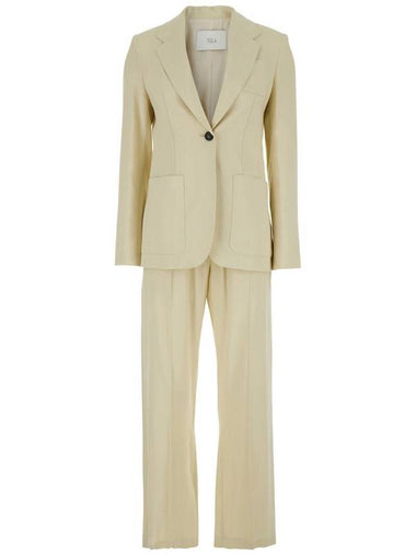 Beige Single-Breasted Suit With Notched Revers In Linen And Viscose Stretch Blend Woman - TELA - BALAAN 1