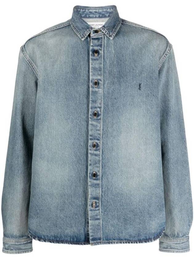 Men's Cassandre Logo Denim Long Sleeve Shirt Blue - SAINT LAURENT - BALAAN 2