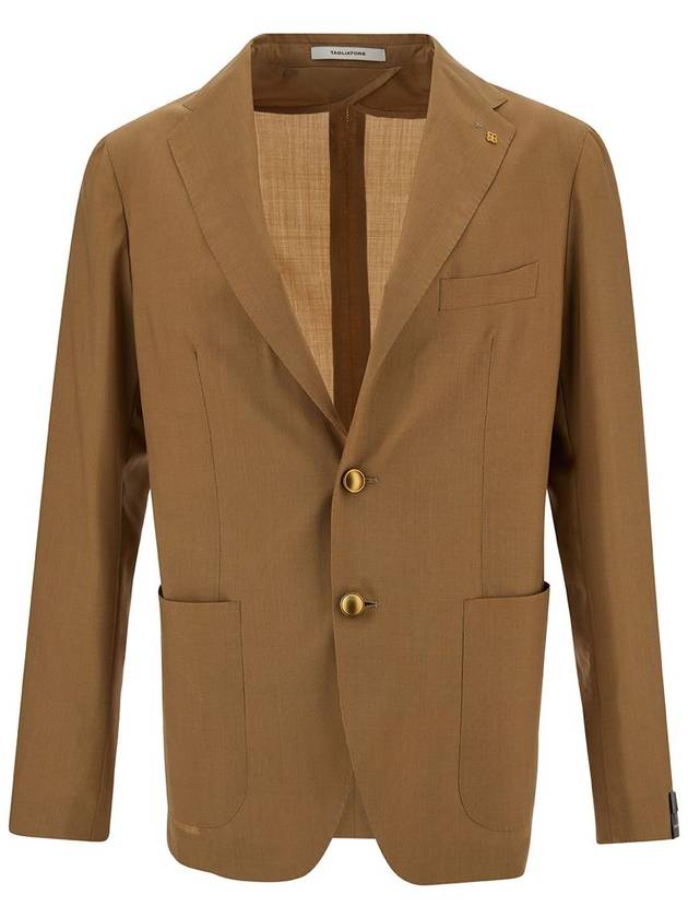 Camel Brown Single-Breasted Jacket With Logo Detail In Stretch Wool Man - TAGLIATORE - BALAAN 1