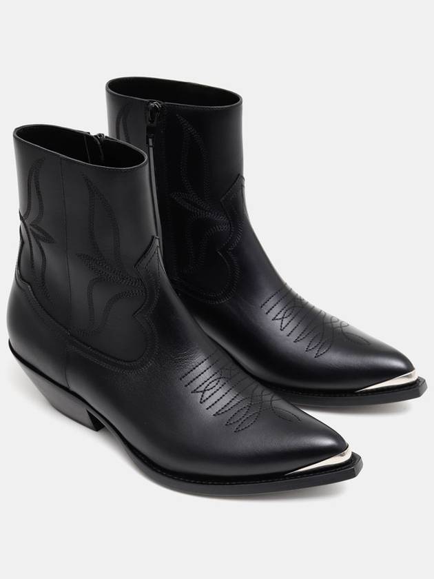 Leon Metal Toe Shiny Calfskin Zipped Ankle Boot Black - CELINE - BALAAN 3