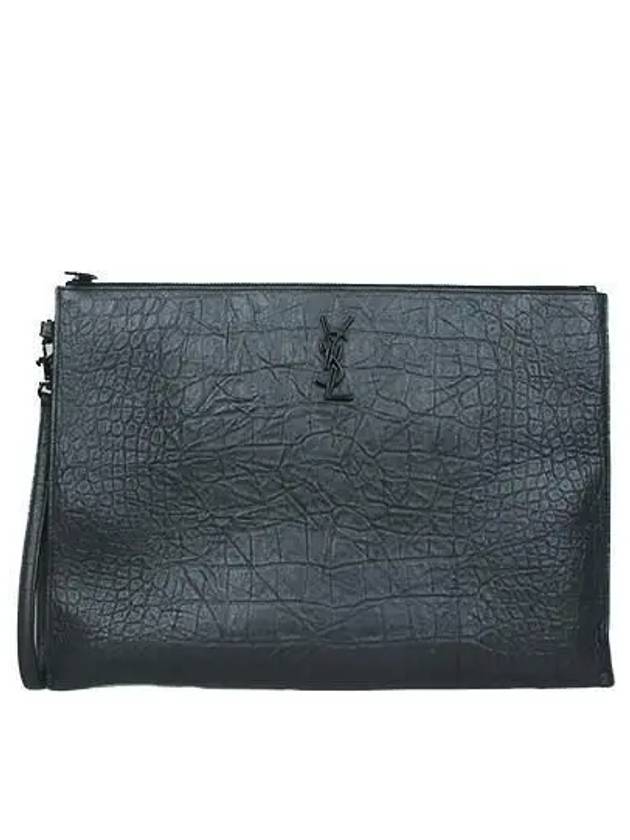 667691 Black leather crocodile pattern tablet case clutch bag - SAINT LAURENT - BALAAN 1