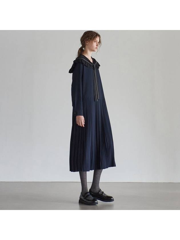 Women's Sailor Frill Collor Pleats Long Dress Navy - MITTE - BALAAN 4