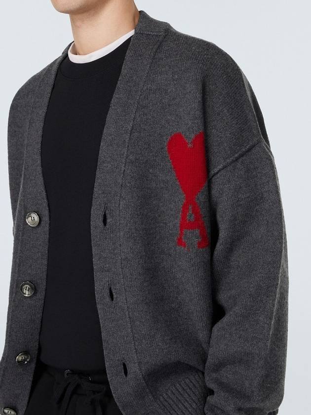 Heart Logo V Neck Wool Cardigan Heather Grey - AMI - BALAAN 4