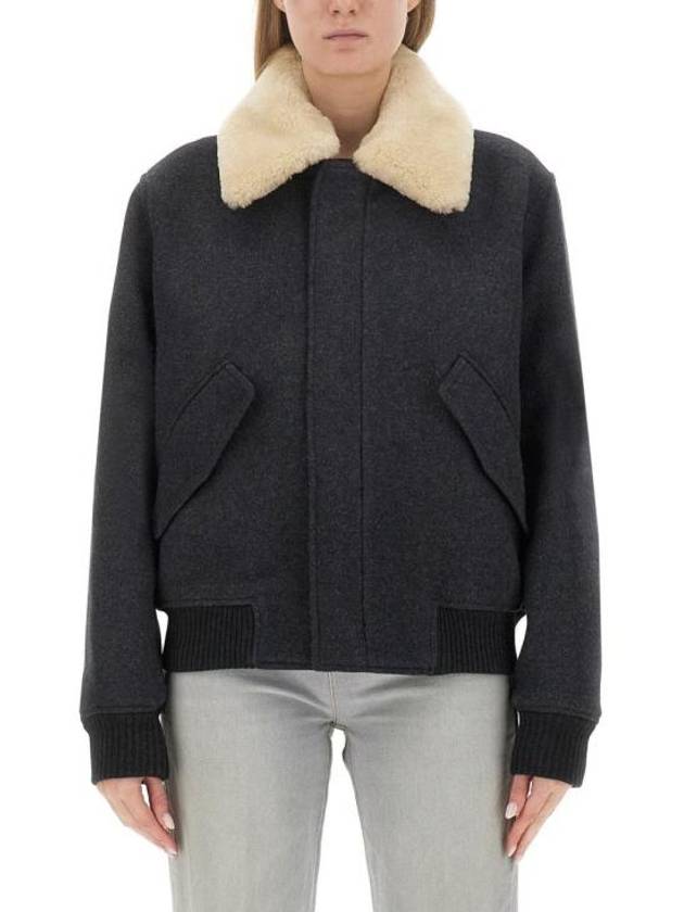 Shearling Collar Wool Zip-Up Jacket Heather Grey - AMI - BALAAN 2