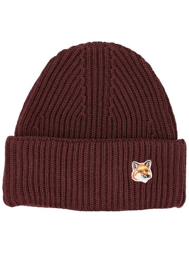 Fox Head Patch Ribbed Beanie Wine Lees - MAISON KITSUNE - BALAAN.