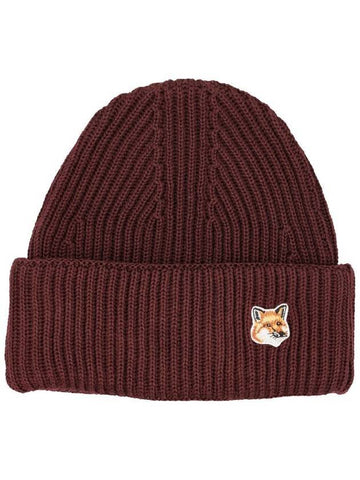 Fox Head Patch Ribbed Beanie Wine Lees - MAISON KITSUNE - BALAAN 1