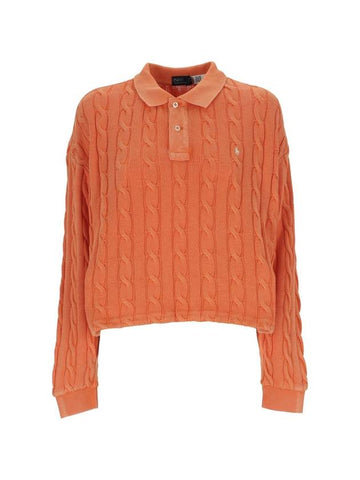 Embroidered Logo Pony Cable Long-Sleeve Collar Knit Top Orange - POLO RALPH LAUREN - BALAAN 1