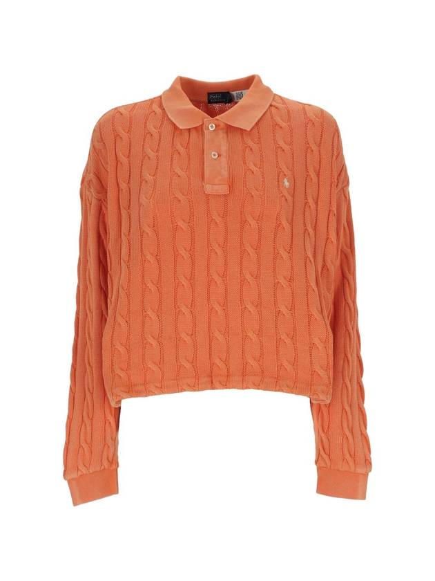 Embroidered Logo Pony Cable Long-Sleeve Collar Knit Top Orange - POLO RALPH LAUREN - BALAAN 1